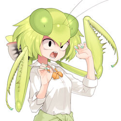  arthropod_girl commentary_request evolvingmonkey female green_hair highres mantis_akiyama nail_polish open_mouth original praying_mantis school_uniform sharp_teeth teeth upper_body white_background 