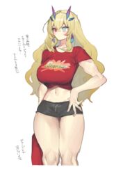  barghest_(fate) black_shorts blonde_hair blush breasts buster_shirt earrings fate/grand_order fate_(series) female green_eyes hair_between_eyes heterochromia horns jewelry large_breasts long_hair midriff navel red_eyes red_shirt shirt short_shorts short_sleeves shorts solo tan_(inka) thighs translation_request 