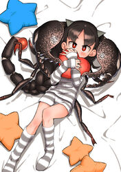  arthropod_girl black_hair evolvingmonkey female heart heart-shaped_pillow highres hugging_object kneehighs lying on_back original pajamas pillow pillow_hug pincers red_eyes scorpion scorpion_tsuchida short_shorts shorts socks solo star-shaped_pillow stinger 