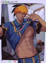  &gt;_o 1boy abs black_hair blue_shorts chariko clothes_lift dark-skinned_male dark_skin earrings jewelry looking_at_viewer male_focus navel navel_piercing nipples one_eye_closed pectorals piercing pokemon pokemon_swsh raihan_(pokemon) selfie shirt shirt_lift short_hair shorts smile solo teeth toned toned_male undercut upper_body v 