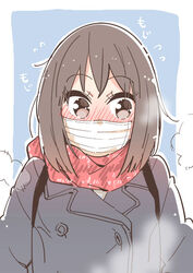  bag blue_background blush brown_eyes brown_hair buttons coat commentary female heavy_breathing mask medium_hair mouth_mask original scarf sodapop_(iemaki) solo steam surgical_mask winter_clothes 