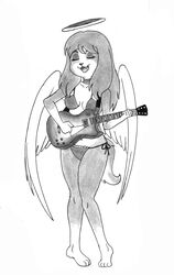  absurd_res anthro bikini bikini_bottom bikini_top canid canine canis clothing collar collarbone domestic_dog efradraws fangs female fur graphite_(artwork) guitar hair halo hi_res long_hair mammal marker_(artwork) monochrome multicolored_body multicolored_fur musical_instrument pencil_(artwork) playing_music plucked_string_instrument solo string_instrument swimwear teeth traditional_media_(artwork) wings 