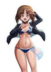  :d absurdres anglerfish artist_name bikini blue_bikini blue_jacket breasts brown_eyes brown_hair commentary_request emblem female fish girls_und_panzer hand_on_own_neck highres jacket korean_commentary long_sleeves looking_at_viewer medium_breasts military military_uniform nishizumi_miho no_pants ooarai_(emblem) ooarai_military_uniform open_clothes open_jacket open_mouth print_bikini salute short_hair signature simple_background skindentation smile solo standing swimsuit throat_microphone uniform white_background wind ydg_(eorbsaos1004) 