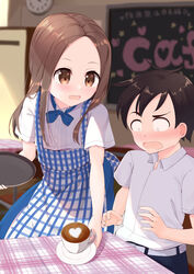  1boy analog_clock apron belt black_pants blue_bow blue_bowtie blurry blurry_background blush bow bowtie brown_eyes brown_hair cafe chalkboard checkered_apron checkered_clothes clock coffee commentary_request commission cup disposable_coffee_cup disposable_cup female forehead gingham_apron heart highres holding holding_saucer karakai_jouzu_no_takagi-san kobeya_uniform latte_art long_hair looking_at_another looking_down nishikata open_mouth pants patterned_clothing pixiv_commission saucer school_uniform shirt shirt_tucked_in short_hair short_sleeves smile table tablecloth takagi-san upper_body wall_clock wari_(nirodo26) white_apron white_belt white_eyes white_shirt 