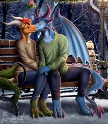  absurd_res anthro blue_body blush christmas clothed clothed_anthro clothing crystalberry dragon duo ether_(dragon) european_mythology female hand_holding hi_res holidays holly_(plant) horn kissing love male male/female maven_(mavenphoenix) mythological_creature mythological_scalie mythology orange_body outside plant purple_horn scalie snow tail western_dragon wingless_dragon winter 