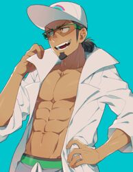  1boy bare_pectorals baseball_cap dark-skinned_male dark_skin facial_hair hat kiri_futoshi kukui_(pokemon) lab_coat looking_to_the_side male_focus muscular muscular_male pectorals pokemon pokemon_sm simple_background smile teeth 