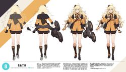  ahoge asymmetrical_legwear back bike_shorts_under_skirt black_footwear black_gloves black_jacket black_skirt black_socks blonde_hair breasts character_name chinese_commentary chinese_text colored_shoe_soles commentary_request concept_art extra_arms female full_body girls&#039;_frontline gloves green_eyes hair_between_eyes hair_ornament hairband highres italian_flag_print jacket kneehighs long_hair looking_at_viewer mechanical_arms medium_breasts messy_hair mismatched_legwear multicolored_clothes multicolored_jacket multiple_views neck_ribbon nin_(lion) official_art open_mouth orange_gloves orange_jacket pleated_skirt pouch reference_sheet ribbon s.a.t.8_(girls&#039;_frontline) shield shield_module shoe_soles single_horizontal_stripe single_mechanical_arm skirt sleeves_rolled_up smile socks straight-on translation_request translucent_hair two-tone_gloves two-tone_jacket very_long_hair white_background 