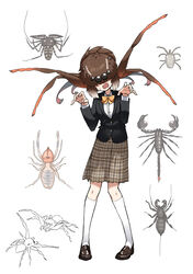  amblypygi arthropod_girl blazer bug camel_spider evolvingmonkey female full_body highres jacket kneehighs long_hair open_mouth original plaid plaid_skirt pleated_skirt pose school_uniform scorpion skirt socks solo spider spider_itou sweatdrop tick whip_scorpion white_background white_socks 