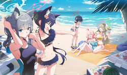  5girls absurdres ahoge anger_vein animal_ears ayane_(blue_archive) ayane_(swimsuit)_(blue_archive) beach bikini black_bikini black_hair blonde_hair blue_archive blue_eyes blue_halo blue_sky breasts brown_hair cat_ears cloud commentary_request competition_swimsuit cross_hair_ornament foreclosure_task_force_(blue_archive) frilled_bikini frills glasses goeleu green_halo grey_hair hair_ornament halo highres hoshino_(blue_archive) hoshino_(swimsuit)_(blue_archive) long_hair looking_at_viewer medium_breasts multiple_girls navel nonomi_(blue_archive) nonomi_(swimsuit)_(blue_archive) ocean official_alternate_costume one-piece_swimsuit outdoors palm_tree pink_halo ponytail red-framed_eyewear red_halo serika_(blue_archive) serika_(swimsuit)_(blue_archive) shiroko_(blue_archive) shiroko_(swimsuit)_(blue_archive) short_hair sitting sky standing striped_bikini striped_clothes swimsuit tree white_bikini wolf_ears yellow_bikini 