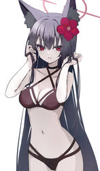  absurdres alternate_costume animal_ear_fluff animal_ears bare_shoulders bikini black_bikini black_hair black_halo blue_archive breasts cleavage commentary cowboy_shot female fox_ears fox_girl halo highres inaba_reito long_hair looking_at_viewer medium_breasts navel red_eyes simple_background solo swimsuit white_background yukino_(blue_archive) 