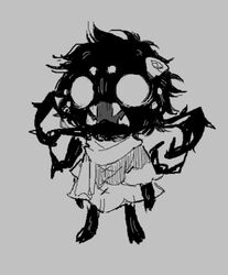  accessory ambiguous_gender anthro arachnid arthropod black_body black_fur clothed clothing don&#039;t_starve dress flower flower_in_hair fur hair hair_accessory klei_entertainment low_res male messy_hair monochrome plant pupils ramssa spider webber white_pupils 