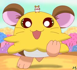  brown_body brown_fur cricetid duo extreme_size_difference female feral fur green_eyes hamster hamtaro_(series) macro mammal pashmina_(hamtaro) penelope_(hamtaro) pichu90 pink_tree plant rodent size_difference standing_on_head tree white_body white_fur 