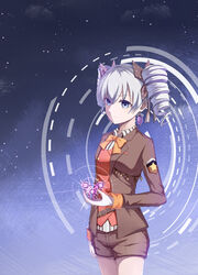  absurdres belt belt_buckle bow bowtie bronya_zaychik bronya_zaychik_(wolf&#039;s_dawn) brown_jacket brown_shorts buckle drill_hair earrings female gloves grey_eyes grey_hair hair_between_eyes hair_ribbon highres holographic_interface honkai_(series) honkai_impact_3rd jacket jewelry long_sleeves night night_sky orange_bow orange_bowtie ribbon shorts sky solo star_(sky) twin_drills white_gloves xiao_ma_cao 