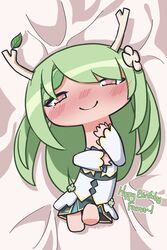  antlers bad_id bad_twitter_id blush braid ceres_fauna ceres_fauna_(1st_costume) chibi commentary english_commentary female full-face_blush giraffe_fauna green_hair hair_ornament happy_birthday heart heart-shaped_pupils highres hololive hololive_english horns inactive_account kiirokuma leaf long_hair long_neck looking_at_viewer looking_up lying mole mole_under_eye nose_blush on_back on_bed seductive_smile smile straight_hair symbol-shaped_pupils virtual_youtuber wide_face yellow_eyes 