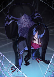  absurdres all_fours animification black_hair bodysuit brown_eyes commentary female hair_between_eyes highres kagematsuri long_hair looking_at_viewer marvel mask mouth_mask silk silk_(marvel) solo spider-man_(series) spider_web 