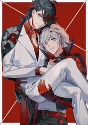  2boys black_choker black_hair choker collar_chain_(jewelry) creator_connection eyeliner eyeshadow facial_tattoo floral_print fulgur_ovid fulgur_ovid_(1st_costume) grey_eyes grey_hair hair_behind_ear highres japanese_clothes kimono kimono_on_shoulders lantern_earrings looking_at_viewer makeup male_focus marking_on_cheek medium_hair multicolored_choker multicolored_hair multiple_boys neru_(jojo86080879) nijisanji nijisanji_en red_background red_choker red_eyeliner red_eyeshadow red_hair red_kimono tattoo virtual_youtuber vox_akuma vox_akuma_(1st_costume) yellow_eyes 