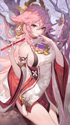  :q absurdres animal_ears bare_shoulders breasts commentary_request cowboy_shot detached_sleeves earrings female finger_to_mouth floppy_ears fox_ears genshin_impact hair_between_eyes highres holding japanese_clothes jewelry long_hair looking_at_viewer medium_breasts nontraditional_miko petals pink_hair purple_eyes red_skirt ribbon_trim sash shirt sideboob sidelocks sitting skirt sleeveless sleeveless_shirt solo teffish thighs tongue tongue_out tree turtleneck very_long_hair white_sleeves wide_sleeves yae_miko 