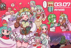  +_+ 6+girls :d ? ai-chan_(madoka_magica) aqua_kimono armor bangs_pinned_back barefoot belt bikini black_thighhighs blue_sash blunt_bangs blush bouquet breastplate brown_belt brown_gloves brown_scarf bug butterfly cable_knit chromatic_aberration closed_eyes closed_mouth cowboy_shot crab crown date_pun doppel_(madoka_magica) dress facing_viewer feline floral_print flower fold-over_gloves frilled_skirt frills fur_scarf futaba_sana futaba_sana_(haregi_costume) futaba_sana_(pajamas_costume) futaba_sana_(swimsuit_costume) futaba_sana_(winter_costume) galaxy gloves green_bikini green_eyes green_hair green_stripes green_sweater hair_down hair_rings hand_on_own_chest hands_on_another&#039;s_face happy_tears highres holding holding_flower japanese_clothes kimono long_sleeves looking_ahead looking_at_viewer lotus_position magia_record:_mahou_shoujo_madoka_magica_gaiden magical_girl mahou_shoujo_madoka_magica medium_hair miniskirt mitsuki_felicia mochikororin multiple_girls multiple_persona nanami_yachiyo neck_ribbon number_pun obi one_eye_closed open_mouth outline pocket print_kimono red_background red_ribbon red_skirt ribbed_sweater ribbon sash scarf shell shield shooting_star shrug_(clothing) sidelocks simple_background skirt smile split_mouth spoken_question_mark sweater swimsuit takenoko_mgrc tamaki_iroha tears theresia_(madoka_magica) thighhighs turtleneck turtleneck_sweater twintails uwasa_(madoka_magica) veil wavy_hair wavy_mouth white_flower white_outline white_skirt wiping_tears yellow_dress yellow_sweater yui_tsuruno 