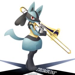  1other artist_name commentary_request full_body highres holding holding_instrument instrument looking_at_viewer lucario pokemon pokemon_(creature) red_eyes sasabunecafe solo standing toes trombone white_background 