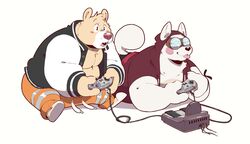  2020 absurd_res american_black_bear anthro bear bennycartoonist black_bear blush bottomwear breeze_in_the_clouds brown_body brown_fur cable canid canine canis clothing console_on_ground controller cord cori_(breeze_in_the_clouds) domestic_dog duo electronics fur game_cartridge game_console game_controller game_media gaming hi_res holding_controller holding_game_controller holding_object hoodie humanoid_hands kermode_bear male mammal multiplayer nintendo nintendo_console nintendo_controller overweight overweight_male pants pile_(breeze_in_the_clouds) playing_video_game retro_console retro_controller simple_background sitting snes_cartridge snes_console snes_controller storage_media super_nintendo tongue tongue_out topwear ursine white_background wired_controller 