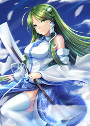  above_clouds aerokinesis between_fingers blue_necktie blue_skirt blue_sky blush breasts card closed_mouth cloud detached_sleeves female fingernails floating frog_hair_ornament gohei green_eyes green_hair green_nails green_pupils hair_ornament hair_tubes highres holding holding_card knee_up kochiya_sanae lips long_hair long_skirt looking_at_viewer medium_breasts necktie oonusa polka_dot polka_dot_necktie polka_dot_skirt polka_dot_trim ribbon seiya_(iiseven) shiny_skin side_slit signature single_sidelock skirt sky smile snake_hair_ornament solo thighhighs thighs touhou very_long_hair white_ribbon white_thighhighs wide_sleeves wind 