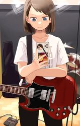  absurdres asymmetrical_bangs black_pants blunt_ends boku_no_kokoro_no_yabai_yatsu brown_hair collarbone commentary cowboy_shot drum electric_guitar female gibson_sg guitar highres holding holding_instrument holding_phone ichikawa_kana ichikawa_kyoutarou instrument light_smile looking_at_phone mirror pants phone plectrum print_shirt recording_studio ringed_eyes selfie shirt solo sticker taking_picture white_shirt zumisan3 