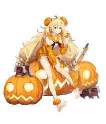  absurdres barefoot blonde_hair chinese_commentary commentary cup dinergate_(girls&#039;_frontline) dress fabarm_sat-8 female food-themed_hair_ornament full_body girls&#039;_frontline green_eyes gun hair_ornament hair_scrunchie halloween highres holding holding_cup jack-o&#039;-lantern legs long_hair looking_at_viewer messy_hair mug off_shoulder on_pumpkin orange_sailor_collar orange_sweater orange_theme pumpkin pumpkin_hair_ornament s.a.t.8_(girls&#039;_frontline) s.a.t.8_(pumpkin_skewers)_(girls&#039;_frontline) sailor_collar scrunchie shotgun silk simple_background sitting sleeveless sleeveless_dress smile solo spider_web sweater very_long_hair weapon white_background white_dress xignore 