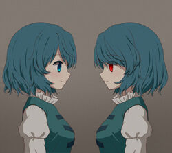  2girls arinu blue_eyes blue_hair closed_mouth commentary dual_persona facing_another from_side gradient_background grey_background heterochromia highres juliet_sleeves long_sleeves multiple_girls puffy_sleeves red_eyes short_hair smile tatara_kogasa touhou upper_body 