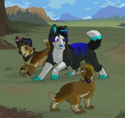  2012 aliasing ambiguous_gender beagle black_body black_fur blue_(sebdoggo) blue_body blue_eyes blue_fur blue_inner_ear blue_nose blue_sky brown_body brown_fur canid canine canis cel_shading day detailed_background digital_drawing_(artwork) digital_media_(artwork) digitigrade domestic_dog ear_piercing eye_contact facial_piercing female_(lore) feral floppy_ears fuchsia_(fuchsianess) fur grass grey_body grey_fur grey_sclera group head_tuft herding_dog hunting_dog husky kerchief lip_piercing lip_ring looking_at_another mammal microsoft_paint_(artwork) mixed_breed mountain neckerchief nintendo nordic_sled_dog outside pastoral_dog pattern_kerchief pattern_neckerchief paws piercing plaid_kerchief plaid_neckerchief plant pokeball pokeball_ear_piercing pokemon purple_eyes raised_tail ring_piercing scent_hound sebdoggo shaded sky snout spitz standing tail tan_body tan_fur tree trio tuft welsh_corgi white_body white_fur 