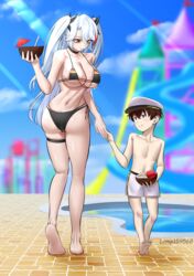  1boy absurdres age_difference anatomical_nonsense antenna_hair artist_name ass azur_lane bad_anatomy bad_id bad_pixiv_id bare_shoulders barefoot bikini black_bikini black_choker blue_sky blurry blurry_background breasts brown_eyes brown_hair choker cleavage closed_mouth cloud collarbone commander_(azur_lane) commentary commission cup day female flag_print full_body furui_o_(lamp159568) german_flag_bikini hair_between_eyes hair_ribbon hat highres holding holding_cup holding_hands kneepits large_breasts light_rays little_boy_commander_(azur_lane) long_hair looking_at_another male_swimwear military_hat mole mole_on_breast multicolored_hair navel official_alternate_costume onee-shota outdoors peaked_cap pixiv_commission pool poolside prinz_eugen_(azur_lane) prinz_eugen_(unfading_smile)_(azur_lane) red_hair ribbon shadow short_hair shorts side-tie_bikini_bottom sidelocks skindentation sky smile soles stomach straight streaked_hair sunbeam sunlight swim_trunks swimsuit thigh_strap two_side_up underboob walking white_hair white_headwear white_shorts 