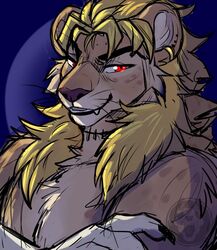  alternate_species anthro bluezeru claws dio_brando ear_piercing ear_ring felid furrification hair hi_res jojo&#039;s_bizarre_adventure lion long_hair male mammal muscular open_mouth pantherine piercing portrait ring_piercing scar smile teeth watermark yellow_body 