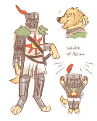  4:5 anthro armor asnnonaka black_pawpads blonde_eyebrows blonde_hair bust_portrait canid canine canis chibi closed_eyes clothed clothing dark_souls domestic_dog eyebrows floppy_ears fromsoftware front_view full-length_portrait fur great_helm hair headgear helmet hi_res male mammal melee_weapon multiple_images open_mouth open_smile pawpads ponytail portrait side_view simple_background smile solaire_of_astora solo sword unsigned weapon white_background yellow_body yellow_ears yellow_fur 