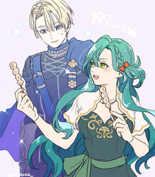  1boy :d aqua_hair black_jacket blonde_hair blue_cape blue_eyes breasts cape chloe_(fire_emblem) commentary_request dimitri_alexandre_blaiddyd dress female fire_emblem fire_emblem:_three_houses fire_emblem_engage food garreg_mach_monastery_uniform green_dress guttary hair_between_eyes holding holding_food jacket kebab medium_breasts open_mouth purple_background short_hair simple_background smile upper_body vambraces 