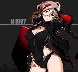  ahoge black_gloves black_jacket breasts brown_hair character_name cleavage cleavage_cutout clothing_cutout commentary_request cowboy_shot earrings female fingerless_gloves girls&#039;_frontline gloves hair_between_eyes hand_to_head highres jacket jewelry large_breasts leotard looking_at_viewer m1887_(girls&#039;_frontline) multicolored_hair open_clothes open_jacket red_eyes red_hair ryuu_tou solo streaked_hair 