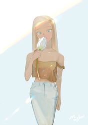  bad_id bad_twitter_id blonde_hair covered_mouth cowboy_shot crop_top female flower grey_eyes highres holding holding_flower long_hair midriff mu_mashu off-shoulder_shirt off_shoulder original shirt signature skirt smelling_flower solo sparkle tulip white_flower white_skirt white_tulip yellow_shirt 