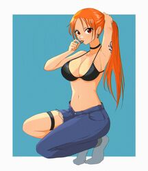  asymmetrical_clothes asymmetrical_legwear bare_shoulders bikini bikini_top_only black_choker blue_background breasts choker cleavage commentary denim earrings english_commentary eyelashes female full_body highres jewelry large_breasts long_hair looking_at_viewer medium_breasts nami_(one_piece) navel one_piece opalis orange_eyes orange_hair pants ponytail socks solo squatting swimsuit tattoo tying_hair 