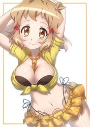  armpits arms_behind_head between_breasts black_bra black_panties blonde_hair blush bra breasts cleavage closed_mouth female hair_ornament hairclip highres large_breasts looking_at_viewer microskirt navel necktie necktie_between_breasts orange_eyes panties purple_eyes red_necktie senki_zesshou_symphogear shiny_skin short_hair side-tie_panties simple_background skirt smile solo tachibana_hibiki_(symphogear) thong underwear white_background yukitsuba_hina 