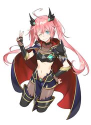  ahoge armor black_nails blue_eyes cloak female fingernails hair_between_eyes hand_on_own_hip hand_up long_hair looking_at_viewer midriff milim_nava navel official_alternate_costume one_eye_closed pink_hair protected_link simple_background skyfly17 smile solo tensei_shitara_slime_datta_ken white_background 