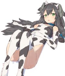  alchera animal_ears animal_print black_hair commentary_request cow_ears cow_horns cow_print fake_animal_ears fake_horns female fingerless_gloves gloves green_eyes hair_ribbon headgear highleg highleg_swimsuit horns i-47_(kancolle) kantai_collection long_hair low-tied_long_hair one-piece_swimsuit ribbon sidelocks simple_background solo swimsuit thighhighs tress_ribbon white_background white_gloves white_one-piece_swimsuit white_thighhighs 