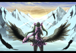  bird bird_wings black_pantyhose black_wings blue_sky blurry blurry_foreground brown_hair checkered_clothes checkered_scarf checkered_skirt cloud commentary_request day diffraction_spikes facing_away falling_feathers feathered_wings feathers female from_behind hair_ribbon hat himekaidou_hatate lens_flare letterboxed long_hair mountain otomeza_ryuseigun outdoors pantyhose purple_hat purple_skirt ribbon scarf scenery skirt sky snow solo standing sunrise tokin_hat touhou twintails wide_shot wings winter 