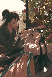  1boy black_hair bug butterfly chinese_clothes closed_eyes dappled_sunlight female flower hair_ribbon hand_on_own_chin hanfu lips loli_bushi long_hair long_sleeves lying on_back on_table original outdoors picnic_basket ponytail ribbon rose rose_bush sash sunlight table tied_hair very_long_hair 