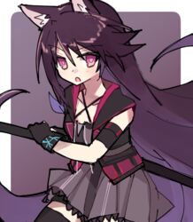  :o animal_ears arknights bad_id bad_pixiv_id black_gloves black_jacket black_thighhighs border cat_ears dress female fingerless_gloves gloves hair_between_eyes holding holding_sword holding_weapon jacket katana long_hair looking_at_viewer melantha_(arknights) open_mouth purple_background purple_eyes purple_hair sheath sheathed shiduki_eku simple_background sleeveless sleeveless_dress solo sword thighhighs weapon 