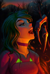  absurdres alien alternate_color blood blood_on_face bodysuit breasts campfire choker claws collarbone cooking corpse danderfull derivative_work eating english_commentary eyelashes eyeshadow female green_eyes green_hair highres justin_bailey lips long_hair makeup medium_breasts metroid metroid_(classic) nose official_alternate_costume open_mouth purple_bodysuit purple_choker ridley samus_aran solo stick sunset teeth thick_eyebrows upper_teeth_only when_you_see_it xenophagia 