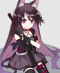  :o animal_ears arknights asymmetrical_gloves bad_id bad_pixiv_id black_gloves black_thighhighs cat_ears dress female fingerless_gloves gloves grey_background hair_between_eyes holding holding_sword holding_weapon katana long_hair looking_at_viewer melantha_(arknights) open_mouth purple_dress purple_eyes purple_hair seiza sheath sheathed shiduki_eku short_sleeves simple_background sitting solo sword thighhighs uneven_gloves weapon 