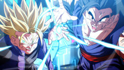  2boys battle_damage black_hair black_shirt blonde_hair dougi dragon_ball dragon_ball_super dragon_ball_super_super_hero incoming_attack looking_at_viewer male_focus multiple_boys open_mouth powering_up purple_vest red_sash rom_(20) sash shirt son_gohan spiked_hair super_saiyan super_saiyan_1 torn_clothes trunks_(dragon_ball) vest 