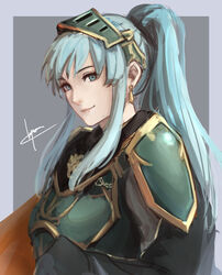  alternate_costume alternate_hairstyle aqua_eyes aqua_hair armor breastplate cape cm_lynarc cosplay earrings eirika_(fire_emblem) eirika_(pledged_restorer)_(fire_emblem) ephraim_(fire_emblem) ephraim_(fire_emblem)_(cosplay) female fire_emblem fire_emblem:_the_sacred_stones fire_emblem_heroes hair_ornament jewelry long_hair looking_at_viewer official_alternate_costume ponytail shoulder_armor sidelocks signature simple_background smile solo upper_body 