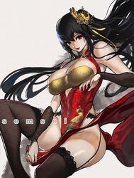  artist_name azur_lane bare_shoulders black_hair black_thighhighs blush breasts bridal_gauntlets china_dress chinese_clothes cleavage cleavage_cutout clothing_cutout david_semsei dress english_text female hair_between_eyes hair_ornament highres large_breasts long_hair looking_at_viewer official_alternate_costume open_mouth photoshop_(medium) red_dress red_eyes sitting smile solo taihou_(azur_lane) taihou_(phoenix&#039;s_spring_song)_(azur_lane) thighhighs very_long_hair 