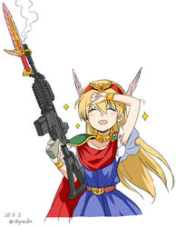  akazukin_chacha assault_rifle bayonet blonde_hair blouse blue_dress blue_eyes bracelet choker closed_eyes commentary_request dagger dated dress facing_viewer female gun jewelry knife long_hair m4_carbine magical_girl magical_princess rifle shirt simple_background solo sparkle suka tiara twitter_username weapon white_background white_shirt wiping_forehead wiping_sweat 