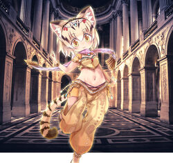  alternate_costume animal_ear_fluff animal_ears arabian_clothes baggy_clothes belly_dancing blonde_hair blush bracelet brown_hair cat_ears cat_girl cat_tail commentary_request crop_top dancer extra_ears female head_chain highres jewelry kemono_friends kemono_friends_3 kolshica midriff multicolored_hair navel necklace pants sand_cat_(kemono_friends) scarf see-through short_hair short_sleeves solo tail yellow_eyes yellow_pants 