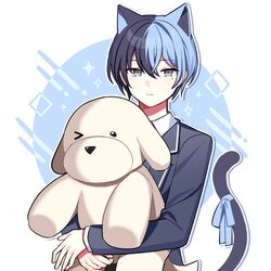  1boy animal_ears aoyagi_touya blazer blue_hair blue_jacket cat_boy cat_ears cat_tail commentary expressionless grey_eyes holding holding_stuffed_toy jacket kamiyama_high_school_uniform_(project_sekai) long_sleeves looking_at_viewer male_focus mole mole_under_eye multicolored_hair project_sekai school_uniform short_hair solo sparkle split-color_hair stuffed_animal stuffed_dog stuffed_toy tail two-tone_background upper_body waka_(wk4444) 